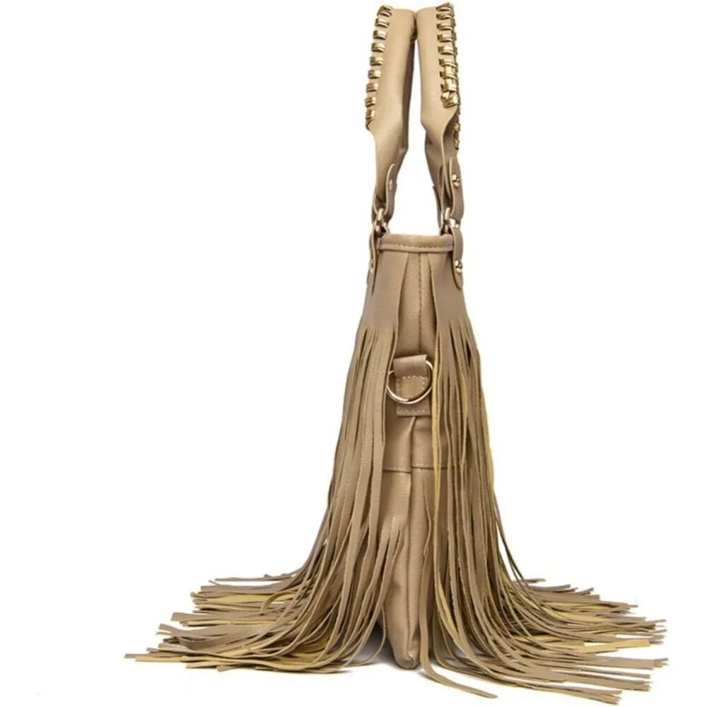 Handbag Faux Leather Shoulder Crossbody Purse with Rivets and Fringes
